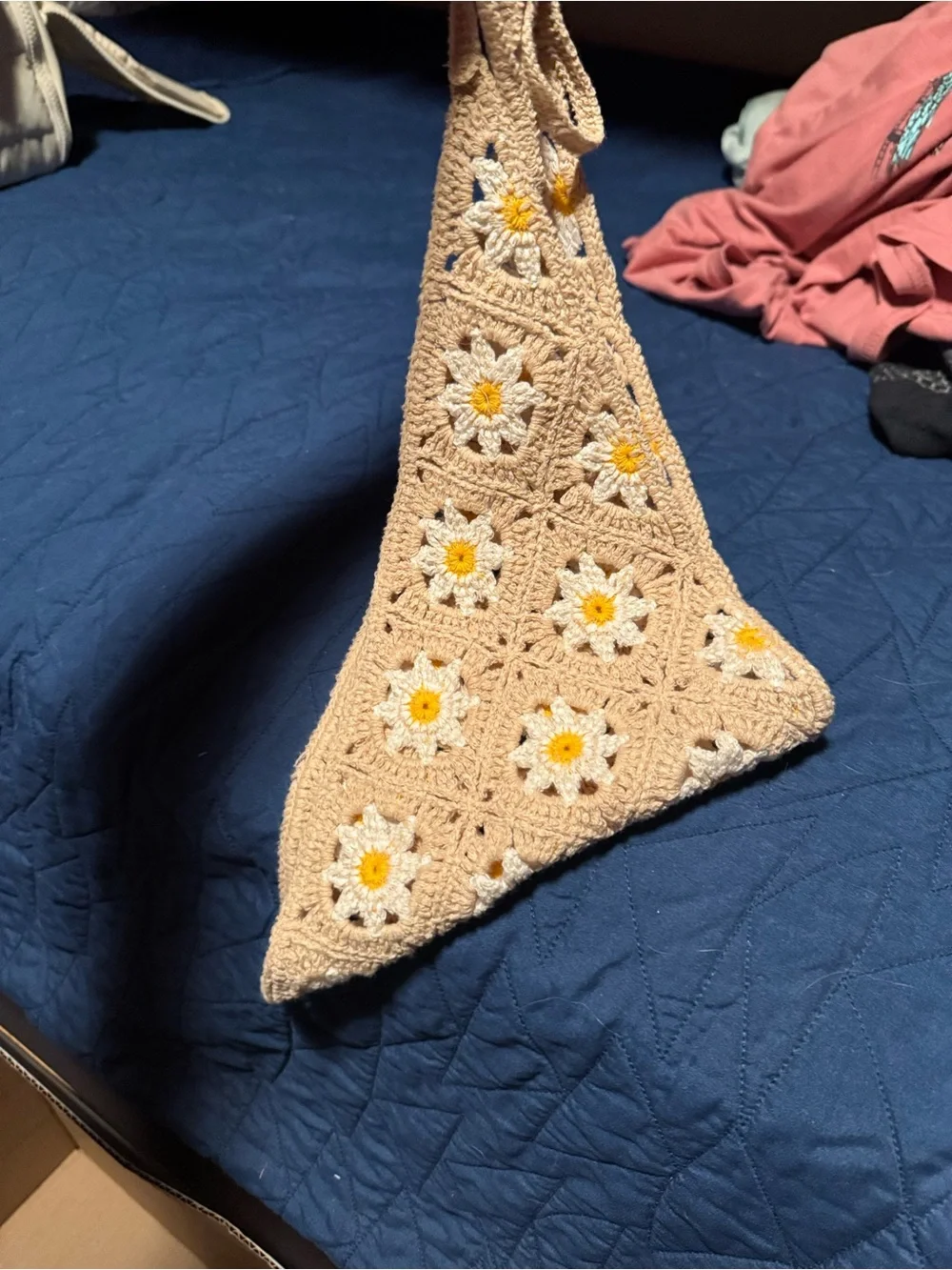 Handmade Crocheted Daisy Triangle Scarf in Beige, White & Yellow